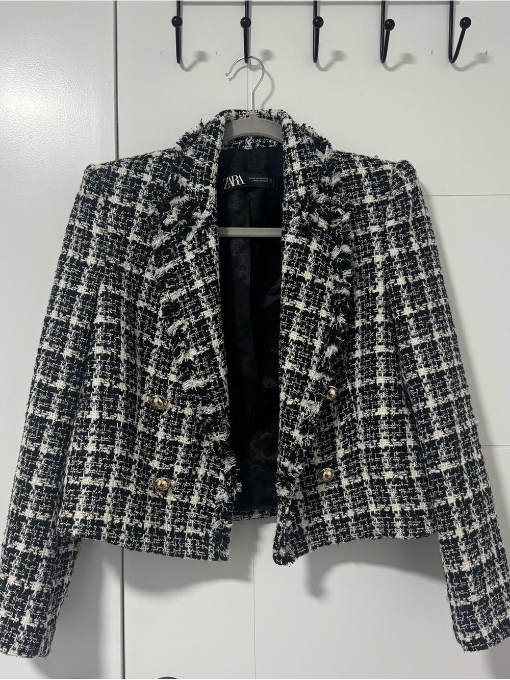 Zara Black & White Tweed Cropped Double-Breasted Blazer